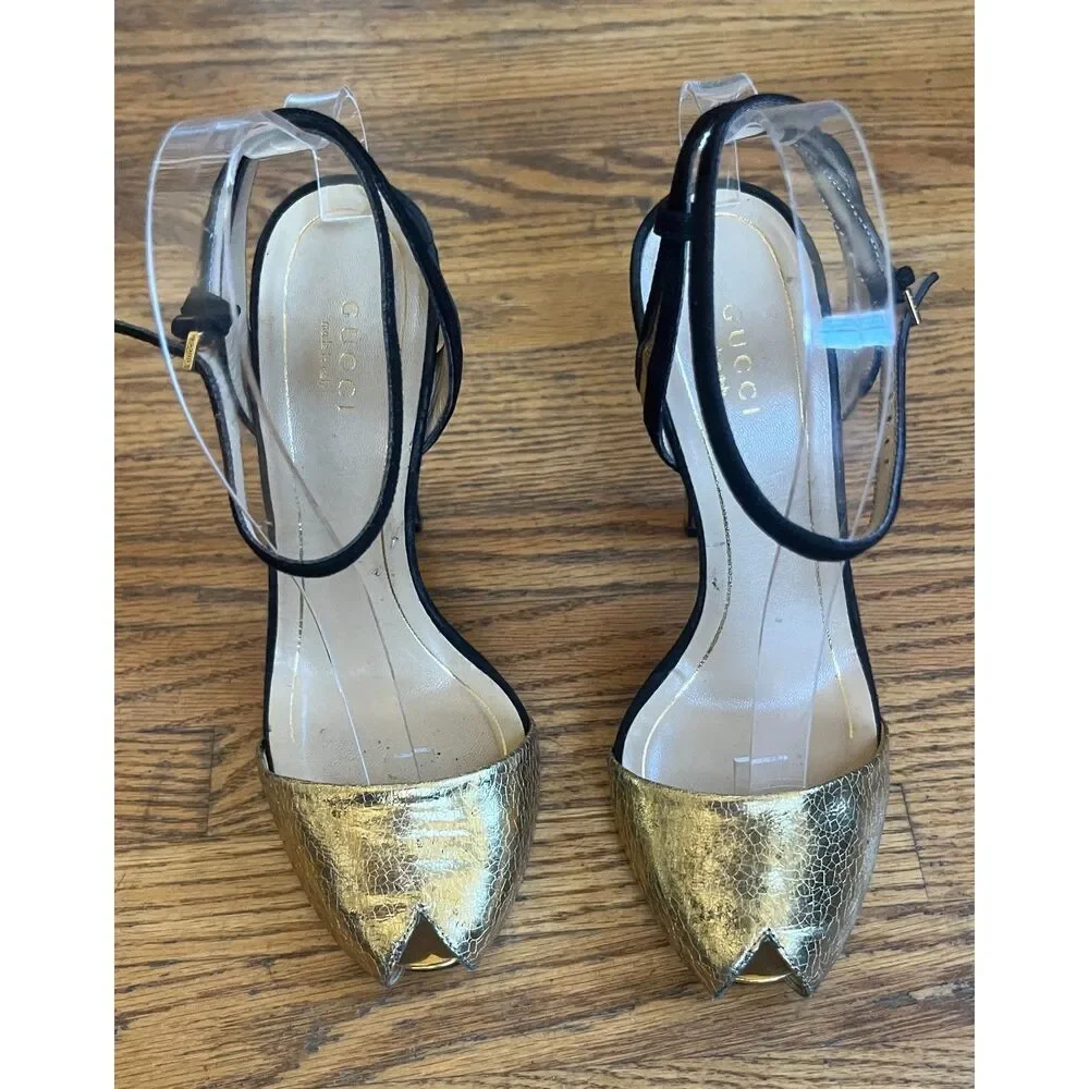 Gucci Gold Leather Peep Toe Heels Shoes  Women's Size EU 37 US 6.5 - Picture 11 of 11